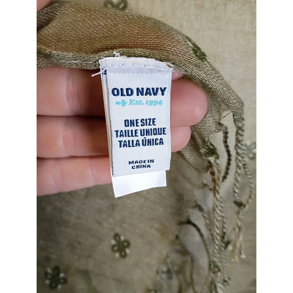 Boho Cottagecore Old Navy Women One Size Olive Green Floral Clover Fringe Scarf